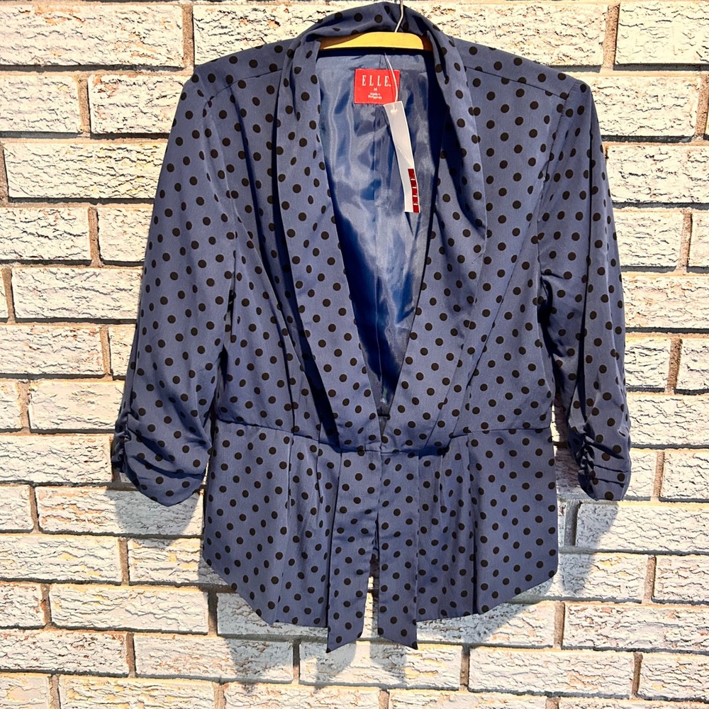 Elle Blue Polka Dot Peplum Blazer Ruched 3/4 Sleeve Open Front Jacket Medium NWT